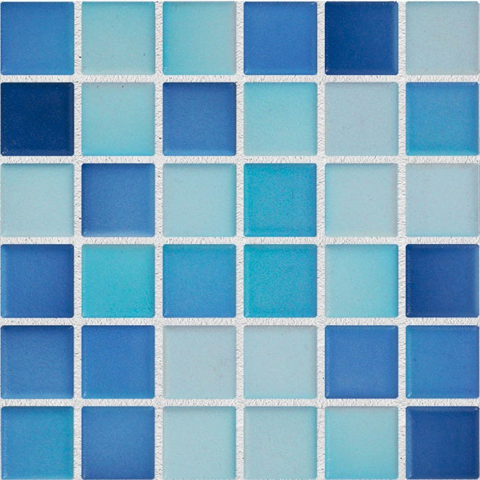 Sample of Modwalls Mediterranean Mosaic Porcelain Tile | Cannes Blend Matte | Blue | Colorful Modern & Midcentury tile for bathrooms, kitchens, backsplashes, showers, floors, pools & outdoors.