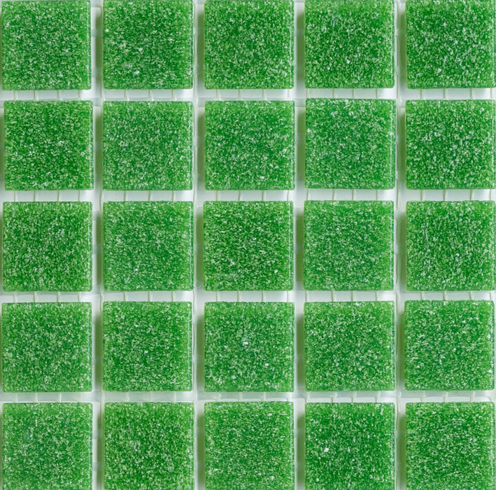 Sample of Modwalls Brio Glass Mosaic Tile | Cilantro | Green  close up | Colorful Modern & Midcentury glass tile for kitchens, bathrooms, backsplashes, showers, pools & outdoors.