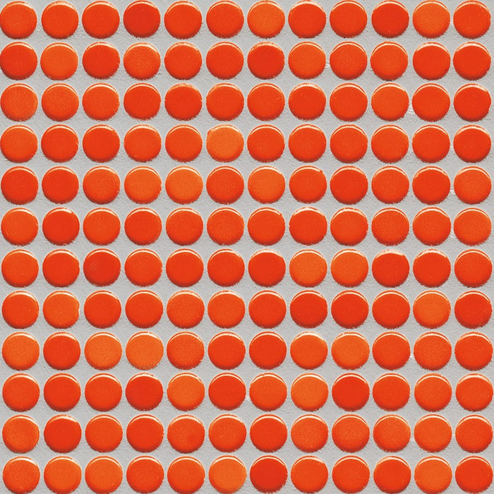 Sample of Modwalls PopDotz Porcelain Penny Round Tile | 1/2” Gloss | Cinnamon Blend | Red | Colorful Modern & Midcentury tile for bathrooms, kitchens, backsplashes, showers, floors, pools & outdoors.