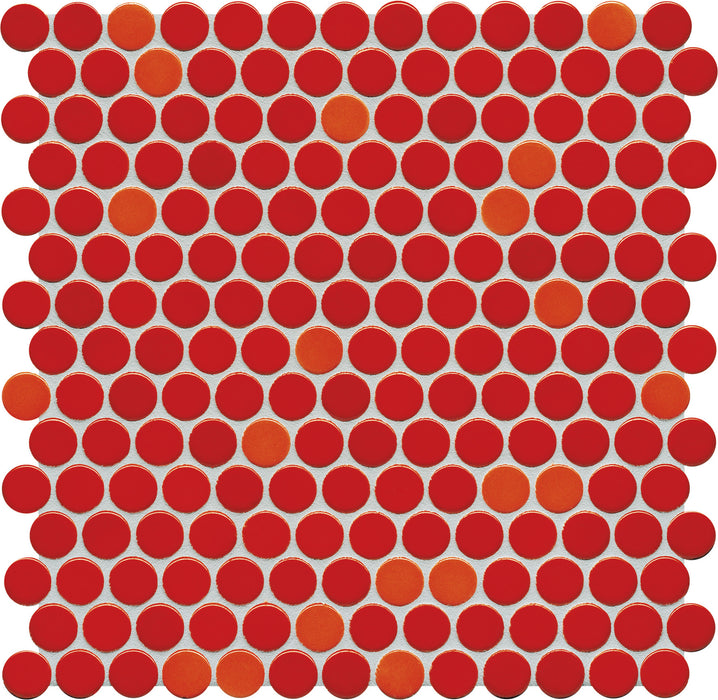 Modwalls PopDotz Porcelain Penny Round Tile | 1” Gloss | Cinnamon Blend | Red | Colorful Modern & Midcentury tile for bathrooms, kitchens, backsplashes, showers, floors, pools & outdoors.