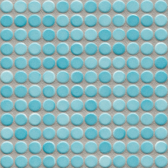 Sample of Modwalls PopDotz Porcelain Penny Round Tile | 1/2” Gloss | Cotton Candy Blend | Blue | Colorful Modern & Midcentury tile for bathrooms, kitchens, backsplashes, showers, floors, pools & outdoors.