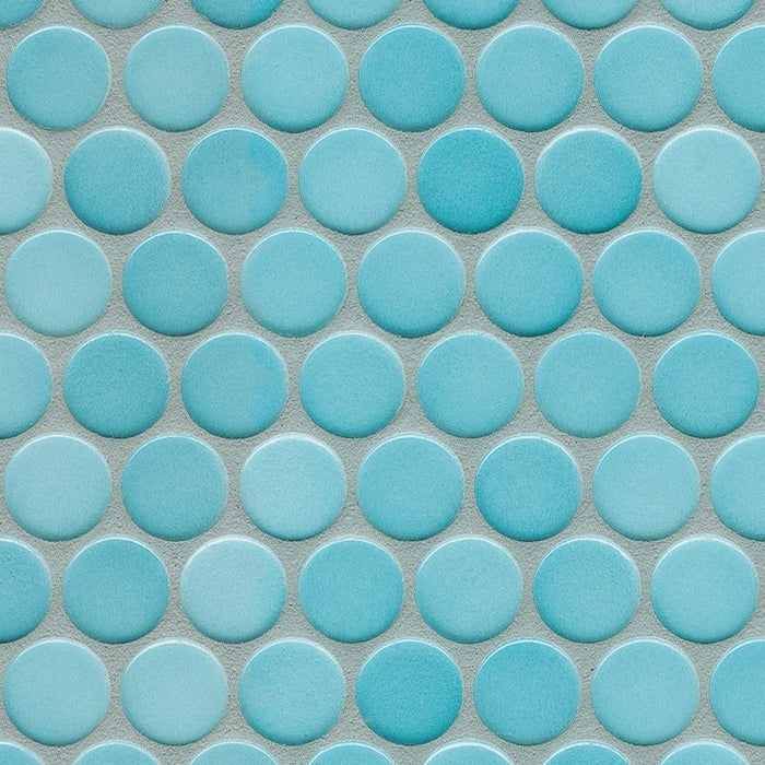 Sample of Modwalls PopDotz Porcelain Penny Round Tile | 1” Gloss | Cotton Candy Blend | Blue | Colorful Modern & Midcentury tile for bathrooms, kitchens, backsplashes, showers, floors, pools & outdoors.