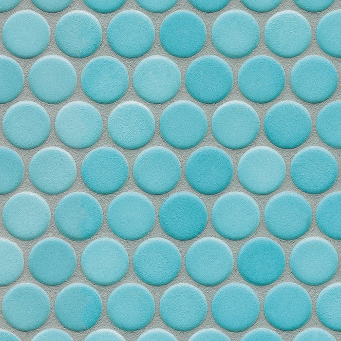 Sample of Modwalls PopDotz Porcelain Penny Round Tile | 1” Matte | Cotton Candy Blend | Blue | Colorful Modern & Midcentury tile for bathrooms, kitchens, backsplashes, showers, floors, pools & outdoors.