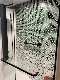 Modwalls Brio Glass Mosaic Gradient Tile | Forest Gradient | Pictured installed in a shower | Colorful Modern & Midcentury glass tile for kitchens, bathrooms, backsplashes, showers, pools & outdoors.
