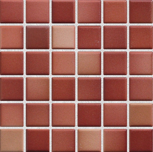 Sample of Modwalls Mediterranean Mosaic Porcelain Tile | Genoa Blend Matte | Red | Colorful Modern & Midcentury tile for bathrooms, kitchens, backsplashes, showers, floors, pools & outdoors.