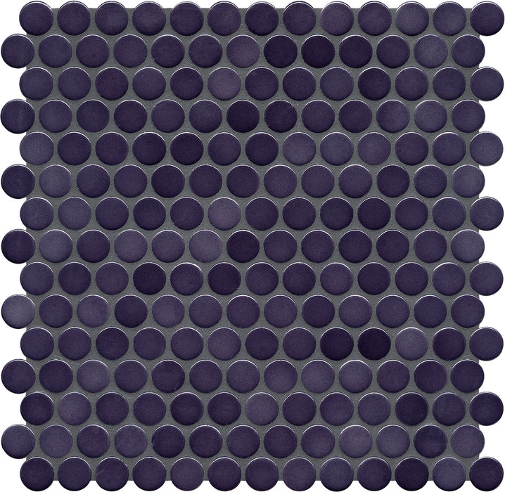 Modwalls PopDotz Porcelain Penny Round Tile | 1” Gloss | Grape Blend | Purple | Colorful Modern & Midcentury tile for bathrooms, kitchens, backsplashes, showers, floors, pools & outdoors.