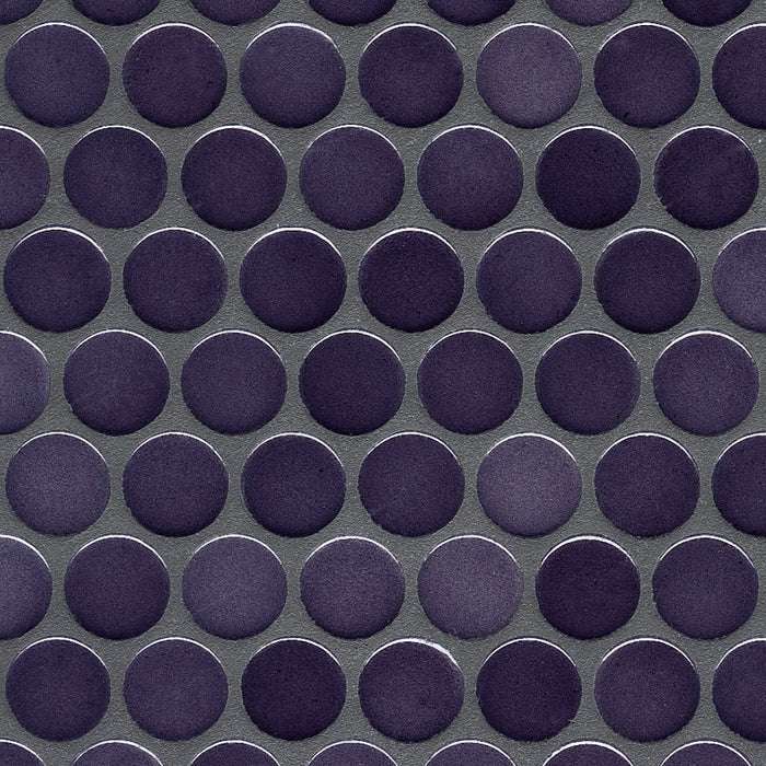 Sample of Modwalls PopDotz Porcelain Penny Round Tile | 1” Gloss | Grape Blend | Purple | Colorful Modern & Midcentury tile for bathrooms, kitchens, backsplashes, showers, floors, pools & outdoors.