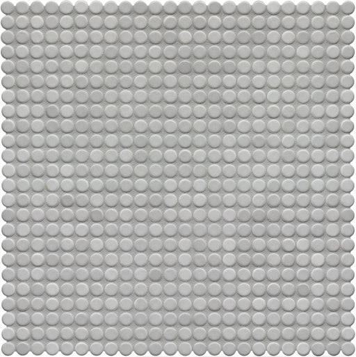Modwalls PopDotz Porcelain Penny Round Tile | 1/2” Gloss | Gray Salt Blend | Gray | Colorful Modern & Midcentury tile for bathrooms, kitchens, backsplashes, showers, floors, pools & outdoors.