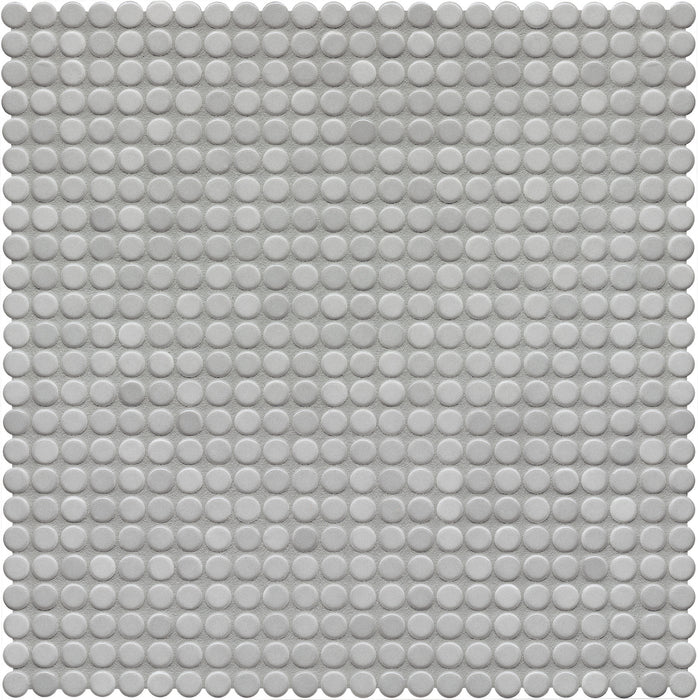 Modwalls PopDotz Porcelain Penny Round Tile | 1/2” Gloss | Gray Salt Blend | Gray | Colorful Modern & Midcentury tile for bathrooms, kitchens, backsplashes, showers, floors, pools & outdoors.