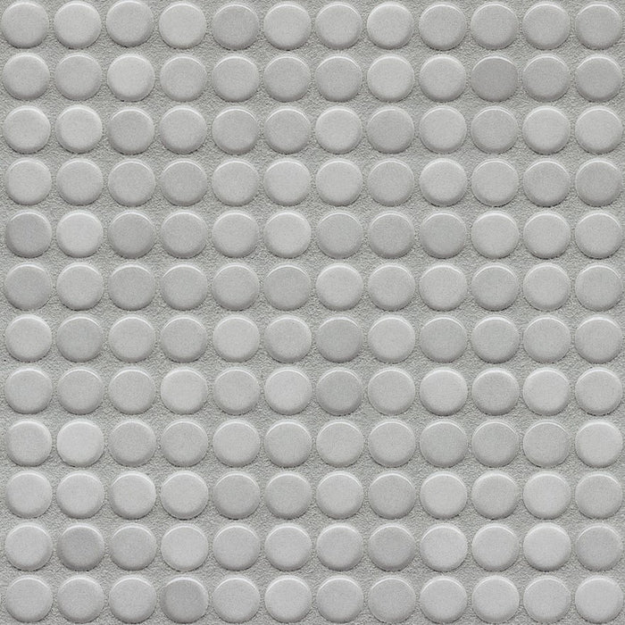 Sample of Modwalls PopDotz Porcelain Penny Round Tile | 1/2” Gloss | Gray Salt Blend | Gray | Colorful Modern & Midcentury tile for bathrooms, kitchens, backsplashes, showers, floors, pools & outdoors.