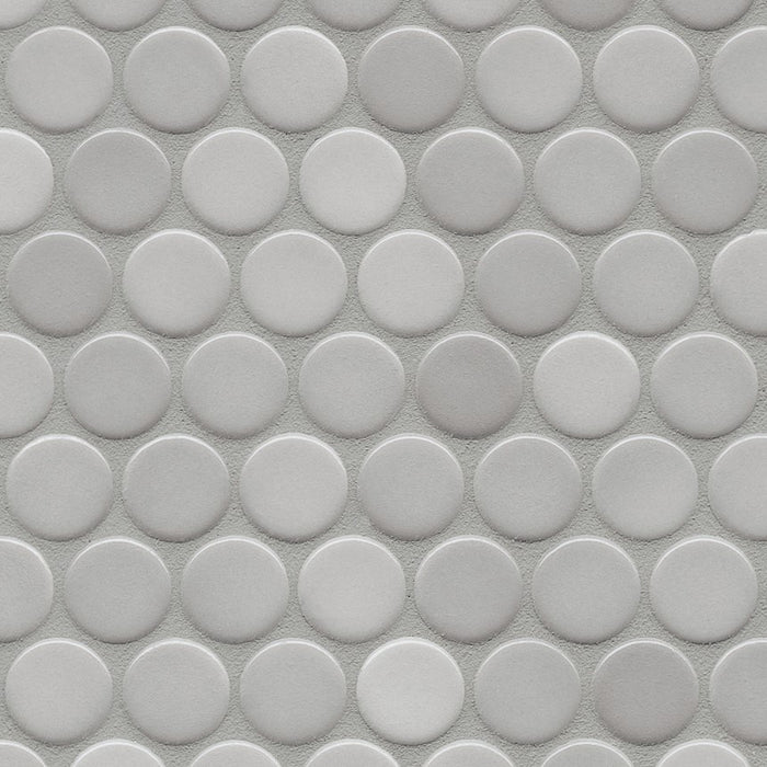 Sample of Modwalls PopDotz Porcelain Penny Round Tile | 1” Gloss | Gray Salt Blend | Gray | Colorful Modern & Midcentury tile for bathrooms, kitchens, backsplashes, showers, floors, pools & outdoors.