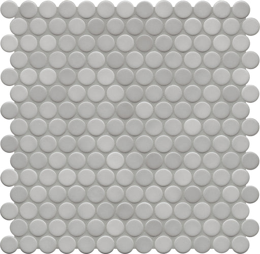 Modwalls PopDotz Porcelain Penny Round Tile | 1” Gloss | Gray Salt Blend | Gray | Colorful Modern & Midcentury tile for bathrooms, kitchens, backsplashes, showers, floors, pools & outdoors.