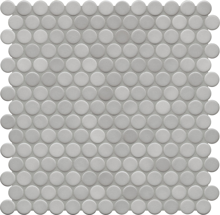 Modwalls PopDotz Porcelain Penny Round Tile | 1” Gloss | Gray Salt Blend | Gray | Colorful Modern & Midcentury tile for bathrooms, kitchens, backsplashes, showers, floors, pools & outdoors.