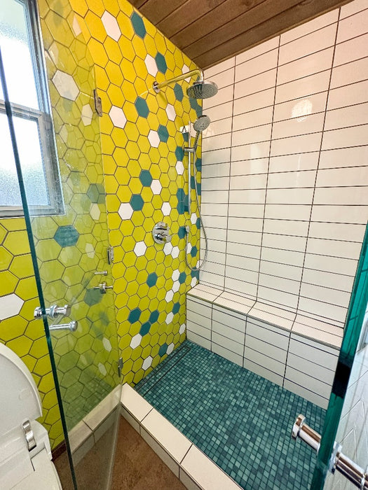 Modwalls Mediterranean Mosaic Porcelain Tile | San Tropez Blend Gloss | Blue | Pictured installed on a shower floor | Colorful Modern & Midcentury tile for bathrooms, kitchens, backsplashes, showers, floors, pools & outdoors.