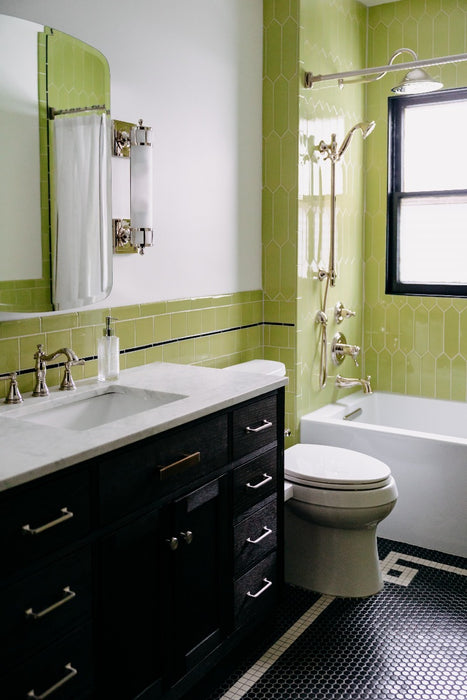 Modwalls Kiln Handmade Ceramic Tile | Picket in Pear Green | Colorful Modern tile for backsplashes, kitchens, bathrooms, showers & feature areas.