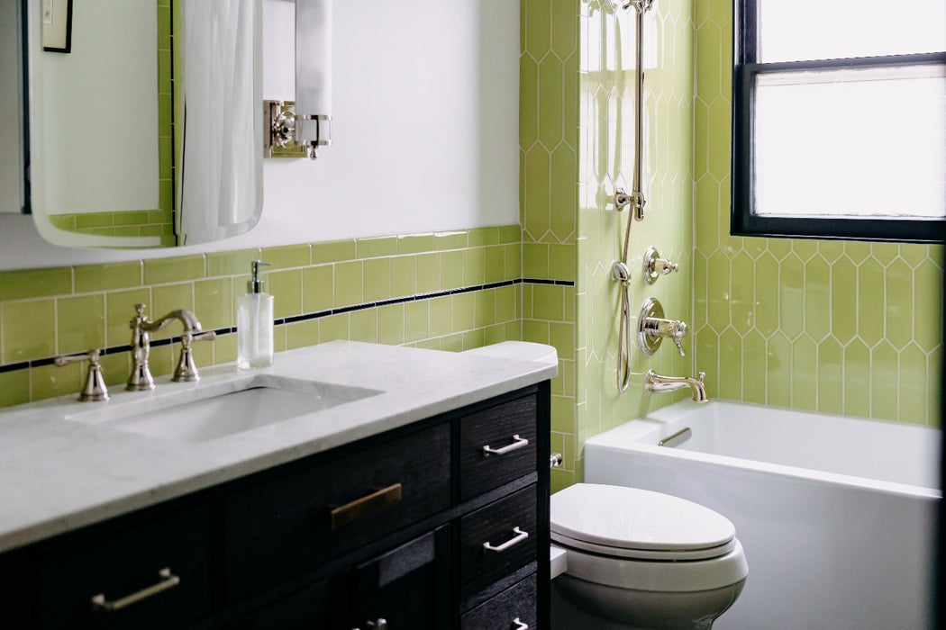 Modwalls Kiln Handmade Ceramic Tile | 4x4 in Pear Green | Colorful Modern tile for backsplashes, kitchens, bathrooms, showers & feature areas.