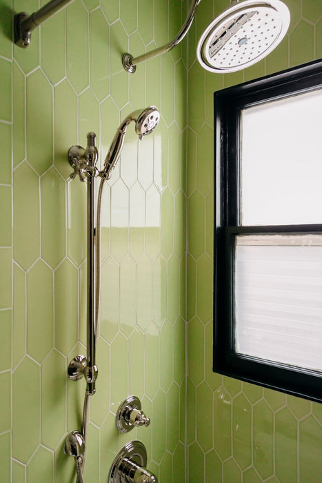 Modwalls Kiln Handmade Ceramic Tile | Picket in Pear Green | Colorful Modern tile for backsplashes, kitchens, bathrooms, showers & feature areas. 