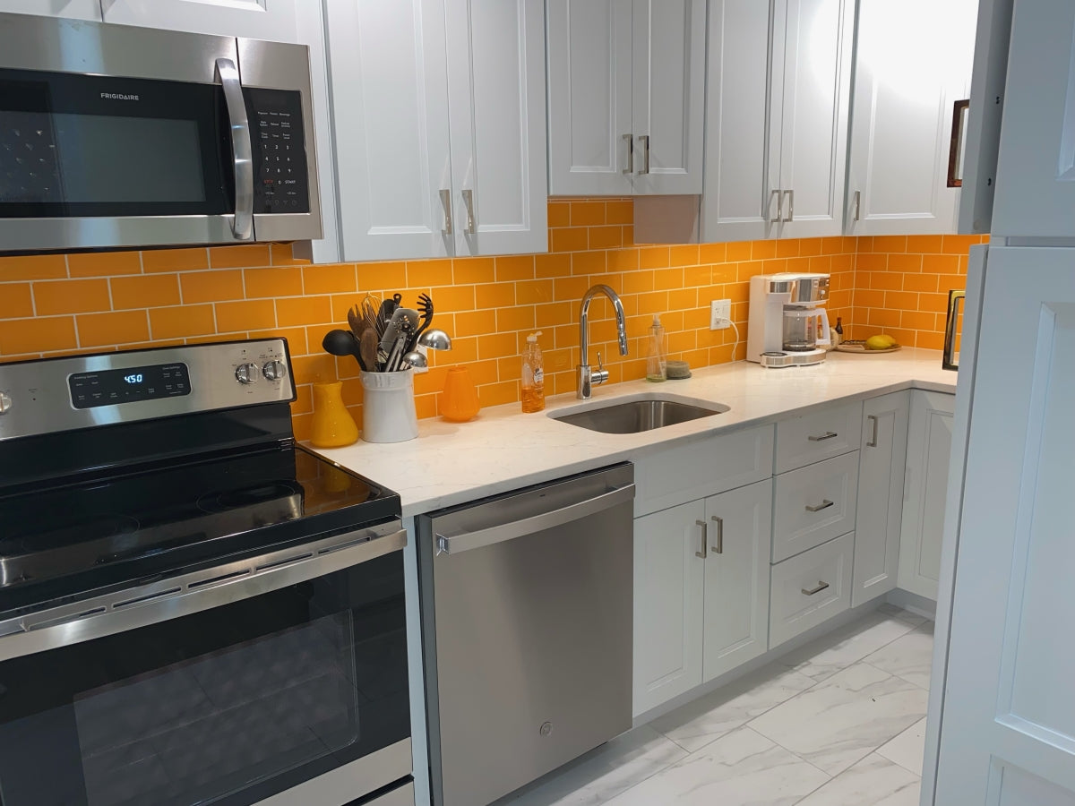 Modwalls Kiln Handmade Ceramic Tile | 3x6 in Zest | Colorful Modern tile for backsplashes, kitchens, bathrooms, showers & feature areas.