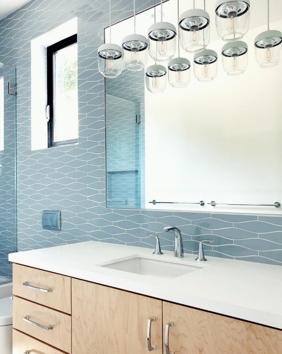 Kiln handmade ceramic tile | Minnow in Dusk blue | Midcentury Modern tile for kitchen, backsplashes, showers & bathrooms.
