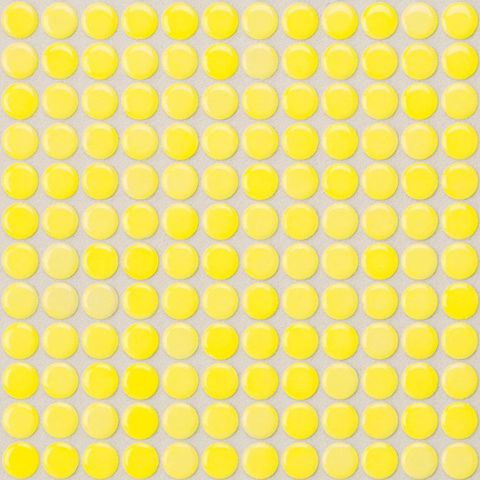 Sample of Modwalls PopDotz Porcelain Penny Round Tile | 1/2” Gloss | Lemon Drop Blend | Yellow | Colorful Modern & Midcentury tile for bathrooms, kitchens, backsplashes, showers, floors, pools & outdoors.