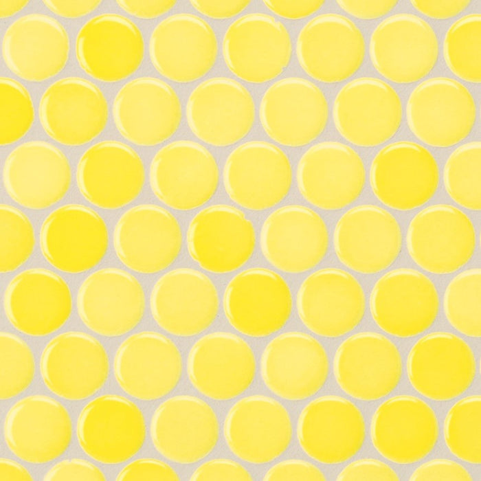 Sample of Modwalls PopDotz Porcelain Penny Round Tile | 1” Gloss | Lemon Drop Blend | Yellow | Colorful Modern & Midcentury tile for bathrooms, kitchens, backsplashes, showers, floors, pools & outdoors.