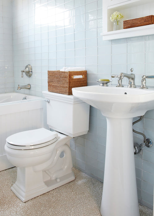 Modwalls Lush Glass Subway Tile | 3x6 in Cloud | White | Pictured installed in a bathroom | Colorful Modern glass tile for bathrooms, showers, kitchen, backsplashes, pools & outdoors.