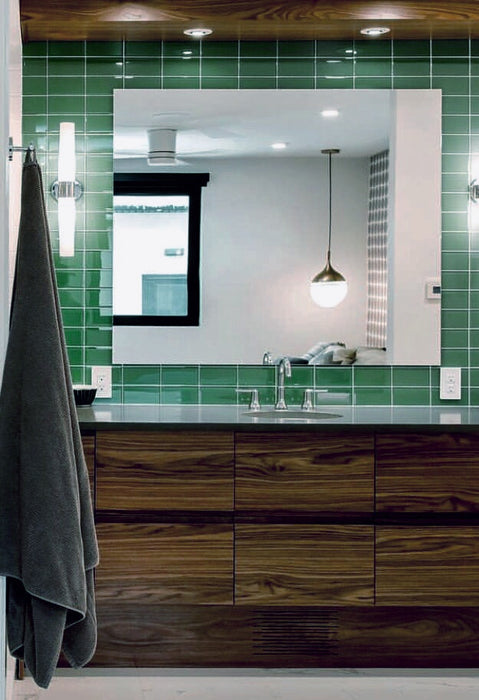 Modwalls Lush Glass Subway Tile | 3x6 in Peacock | Blue | Pictured installed on a bathroom wall | Colorful Modern glass tile for bathrooms, showers, kitchen, backsplashes, pools & outdoors.