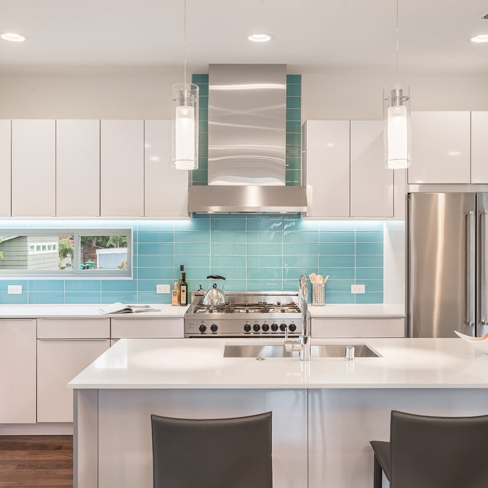 Modwalls Lush Glass Subway Tile | 4x12 in Breaker | Blue | Pictured installed on a kitchen backsplash | Colorful Modern glass tile for bathrooms, showers, kitchen, backsplashes, pools & outdoors.
