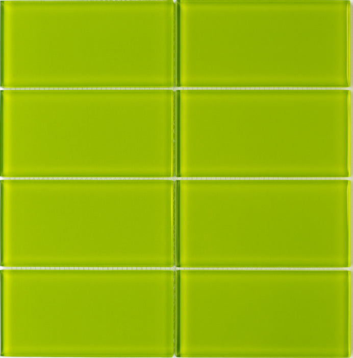 Modwalls Lush Glass Subway Tile | 3x6 Lemongrass | Green | Colorful Modern glass tile for bathrooms, showers, kitchen, backsplashes, pools & outdoors.