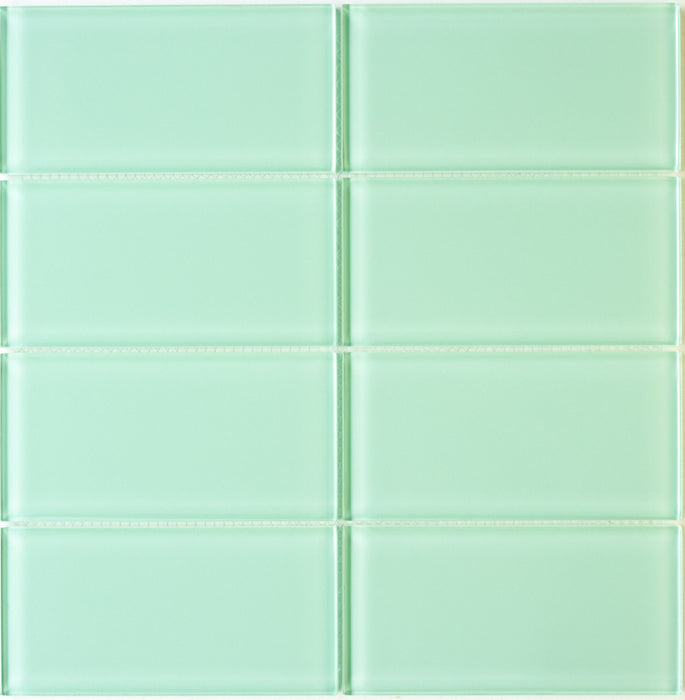 Modwalls Lush Glass Subway Tile | 3x6 in Surf | Green | Colorful Modern glass tile for bathrooms, showers, kitchen, backsplashes, pools & outdoors.