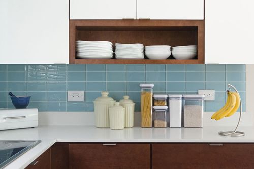 Modwalls Lush Glass Subway Tile | 3x6 in Vapor | Blue | Pictured installed on a kitchen backsplash | Colorful Modern glass tile for bathrooms, showers, kitchen, backsplashes, pools & outdoors.