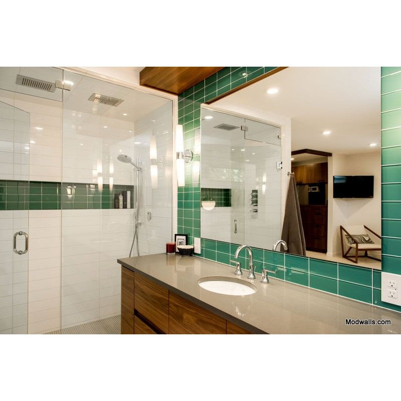 Modwalls Lush Glass Subway Tile | 3x6 in Peacock | Colorful Modern glass tile for bathrooms, showers, kitchen, backsplashes, pools & outdoors.