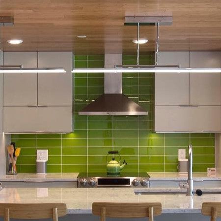 Lush glass 3x9 subway tile in lemongrass green. Lush subway tile is a great choice for kitchen backsplashes, showers, bathrooms and outdoor and pool. Our subway tile is available in white, blue, green, yellow, orange, red, pink, teal and gray.