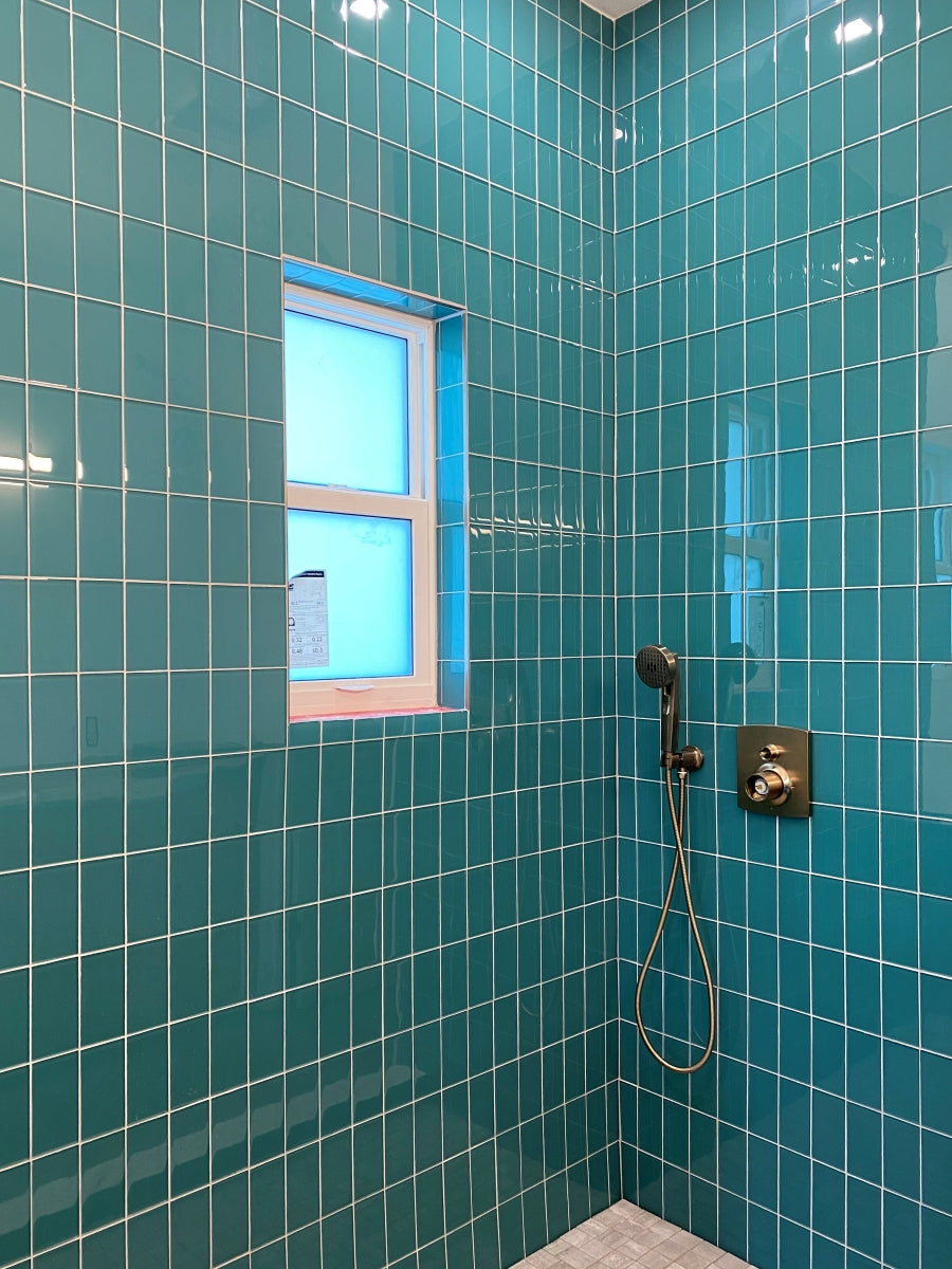 Modwalls Lush Glass Subway Tile | 3x6 in Peacock | Colorful Modern glass tile for bathrooms, showers, kitchen, backsplashes, pools & outdoors.