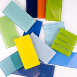 Free Lush Glass Subway Tile Samples. Available in 1x4, 3x6, 3x9 and 4x12. Colors include blue, green, gray, yellow, red, orange, white and pink.