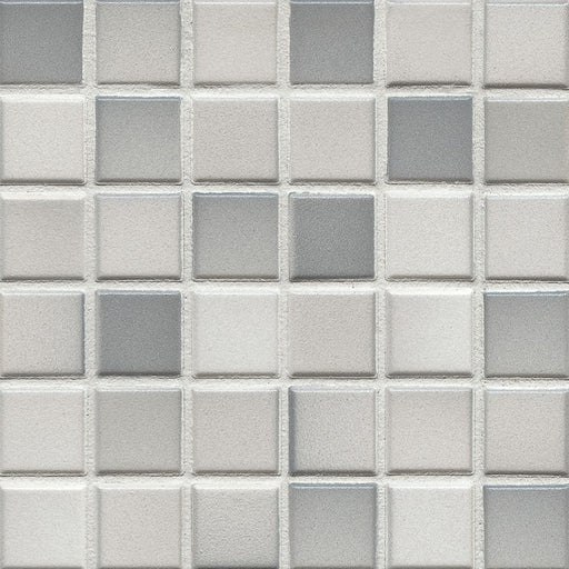 Sample of Modwalls Mediterranean Mosaic Porcelain Tile | Marrakesh Blend Gloss | Gray | Colorful Modern & Midcentury tile for bathrooms, kitchens, backsplashes, showers, floors, pools & outdoors.