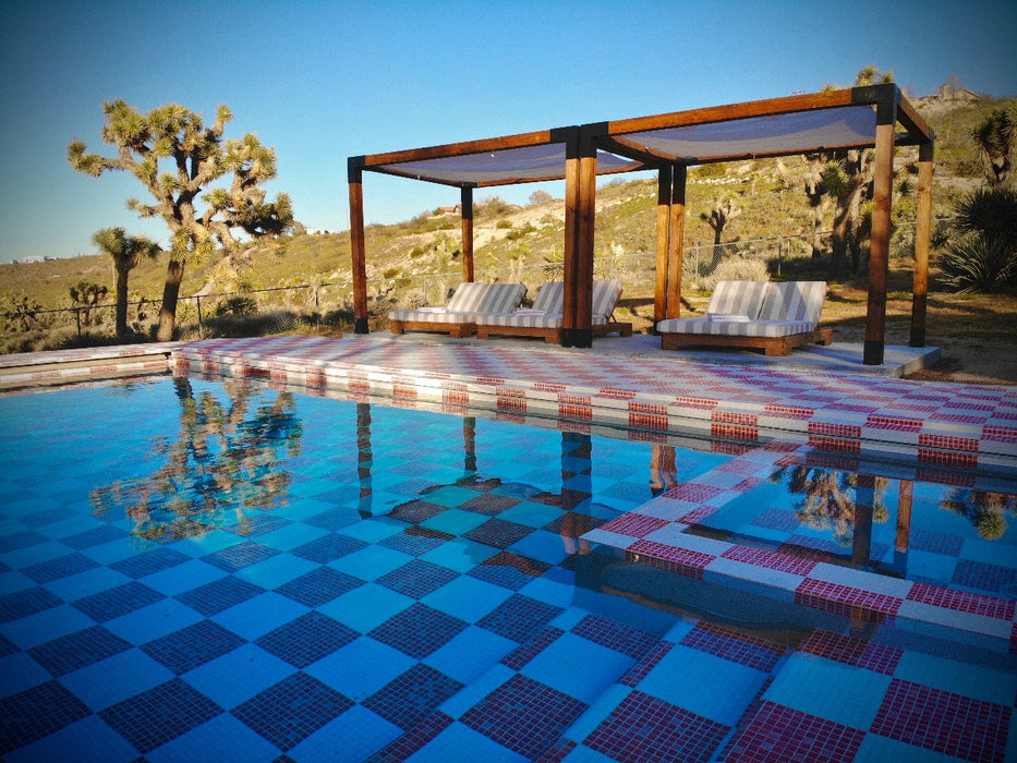 Modwalls Mediterranean Mosaic Porcelain Tile | Athens Blend Matte | White | Pictured installed in a pool in a checkerboard pattern | Colorful Modern & Midcentury tile for bathrooms, kitchens, backsplashes, showers, floors, pools & outdoors.