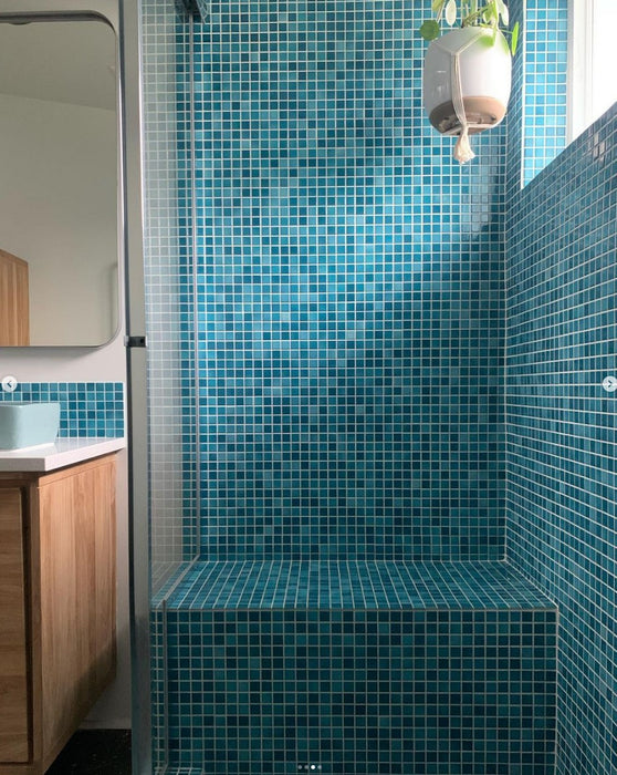 Modwalls Mediterranean Mosaic Porcelain Tile | San Tropez Blend Gloss | Blue | Pictured installed in a shower | Colorful Modern & Midcentury tile for bathrooms, kitchens, backsplashes, showers, floors, pools & outdoors.