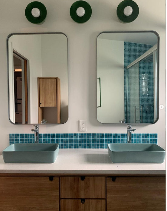 Modwalls Mediterranean Mosaic Porcelain Tile | San Tropez Blend Gloss | Blue | Pictured installed in a bathroom backsplash | Colorful Modern & Midcentury tile for bathrooms, kitchens, backsplashes, showers, floors, pools & outdoors.