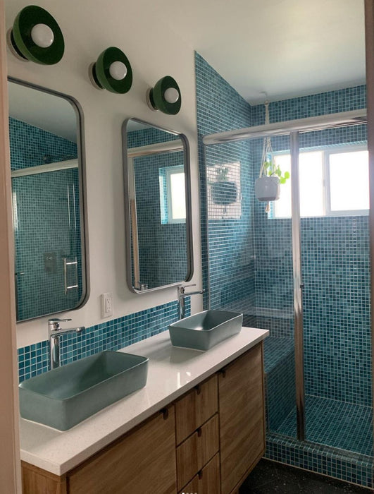 Modwalls Mediterranean Mosaic Porcelain Tile | San Tropez Blend Gloss | Blue | Pictured installed in a bathroom | Colorful Modern & Midcentury tile for bathrooms, kitchens, backsplashes, showers, floors, pools & outdoors.