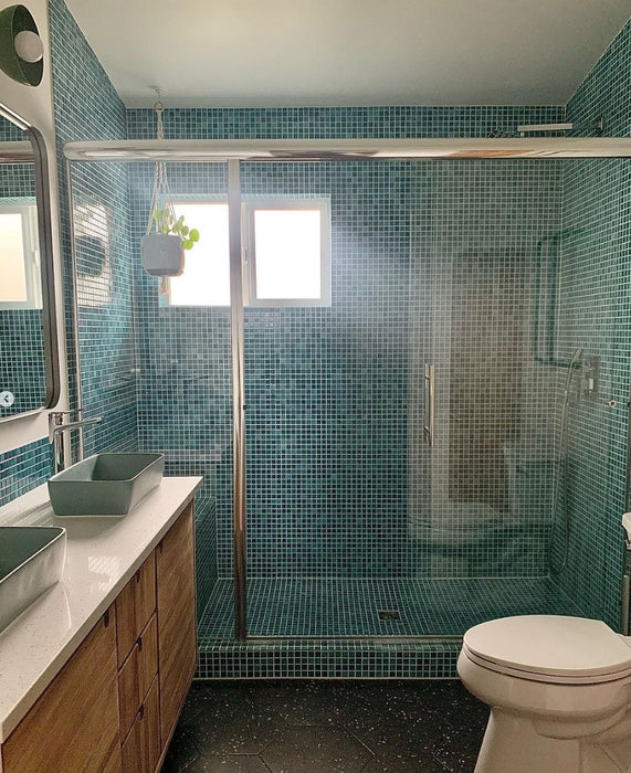 Modwalls Mediterranean Mosaic Porcelain Tile | San Tropez Blend Gloss | Blue | Pictured installed in a bathroom | Colorful Modern & Midcentury tile for bathrooms, kitchens, backsplashes, showers, floors, pools & outdoors.