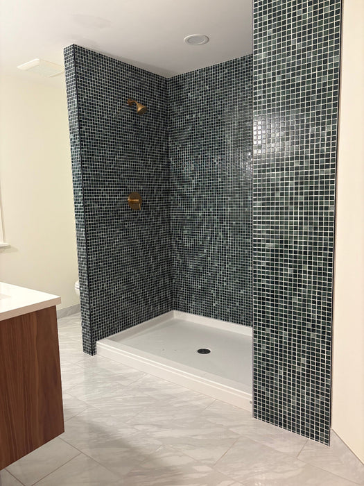 Modwalls Mediterranean Mosaic Porcelain Tile | Montenegro Blend Gloss | Green | Pictured installed in a shower | Colorful Modern & Midcentury tile for bathrooms, kitchens, backsplashes, showers, floors, pools & outdoors.