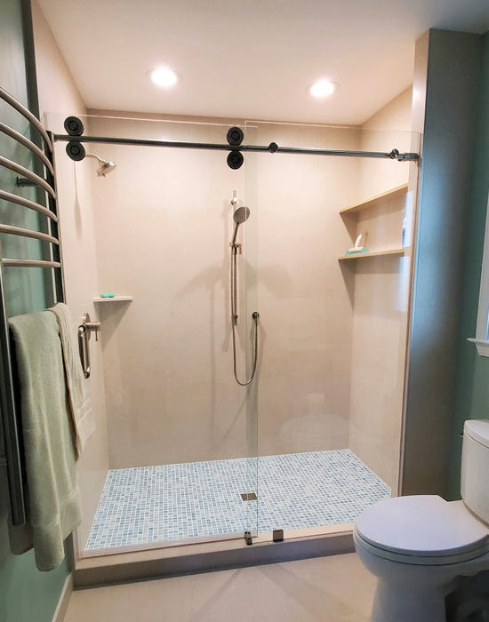 Modwalls Mediterranean Mosaic Porcelain Tile | Palermo Blend Gloss | Blue | Pictured installed on a shower floor | Colorful Modern & Midcentury tile for bathrooms, kitchens, backsplashes, showers, floors, pools & outdoors.