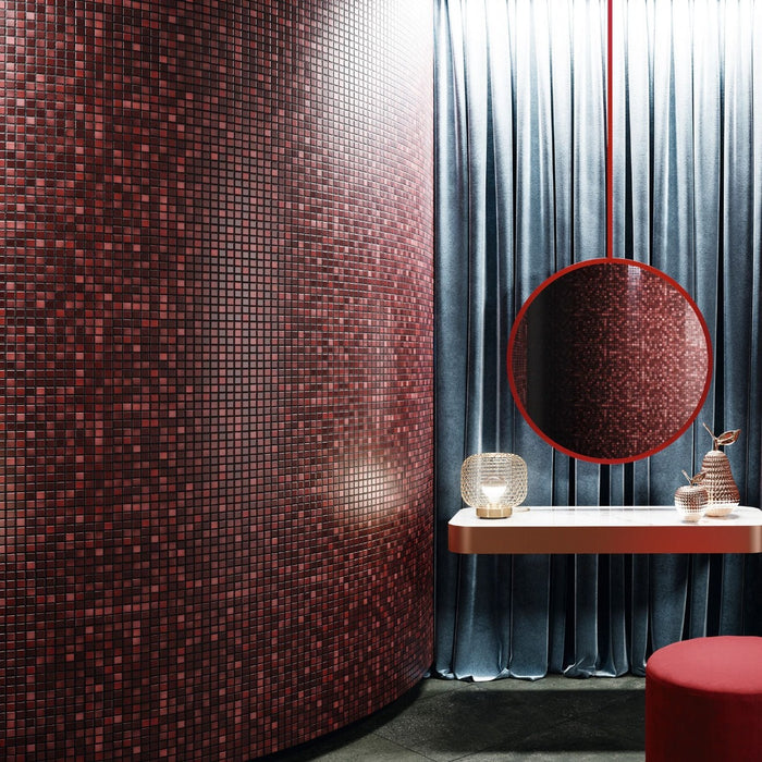 Modwalls Mediterranean Mosaic Porcelain Tile | Porto Blend Gloss | Red | Pictured installed in a bathroom feature wall | Colorful Modern & Midcentury tile for bathrooms, kitchens, backsplashes, showers, floors, pools & outdoors.
