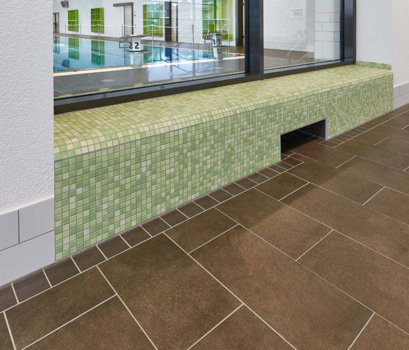 Modwalls Mediterranean Mosaic Porcelain Tile | Provence Blend Matte | Green | Pictured installed in a pool surround | Colorful Modern & Midcentury tile for bathrooms, kitchens, backsplashes, showers, floors, pools & outdoors.