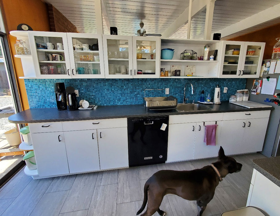 Modwalls Mediterranean Mosaic Porcelain Tile | San Tropez Blend Gloss | Blue | Pictured installed on a kitchen backsplash  | Colorful Modern & Midcentury tile for bathrooms, kitchens, backsplashes, showers, floors, pools & outdoors.