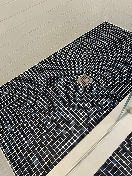 Modwalls Mediterranean Porcelain Mosaic Tile | Santorini Blend Matte | Pictured on a bathroom floor | Colorful Modern & Midcentury tile for bathrooms, kitchens, backsplashes, showers, floors, pools & outdoors.