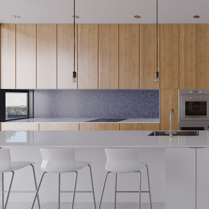 Modwalls Mediterranean Mosaic Porcelain Tile | Madeira Blend Gloss | Purple | Pictured installed on a kitchen backsplash | Colorful Modern & Midcentury tile for bathrooms, kitchens, backsplashes, showers, floors, pools & outdoors.