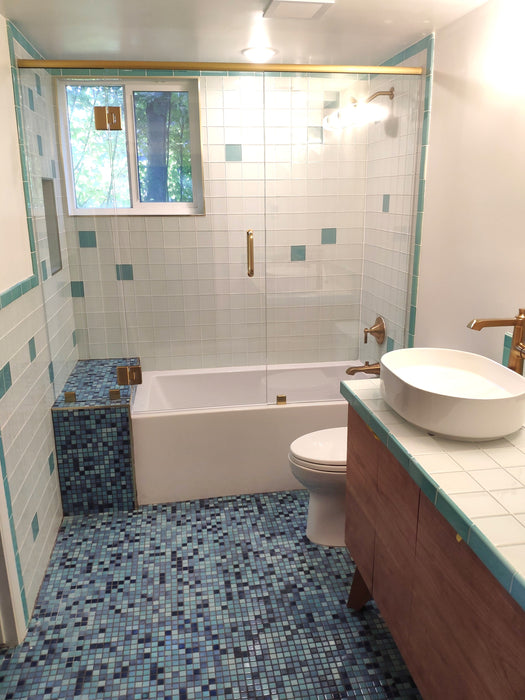 Modwalls Mediterranean Mosaic Porcelain Tile | Cannes Blend Gloss | Blue | Pictured on a bathroom floor | Colorful Modern & Midcentury tile for bathrooms, kitchens, backsplashes, showers, floors, pools & outdoors.