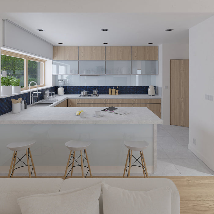 Modwalls Mediterranean Porcelain Mosaic Tile | Santorini Blend Gloss | Blue| Pictured on a kitchen backsplash | Colorful Modern & Midcentury tile for bathrooms, kitchens, backsplashes, showers, floors, pools & outdoors.